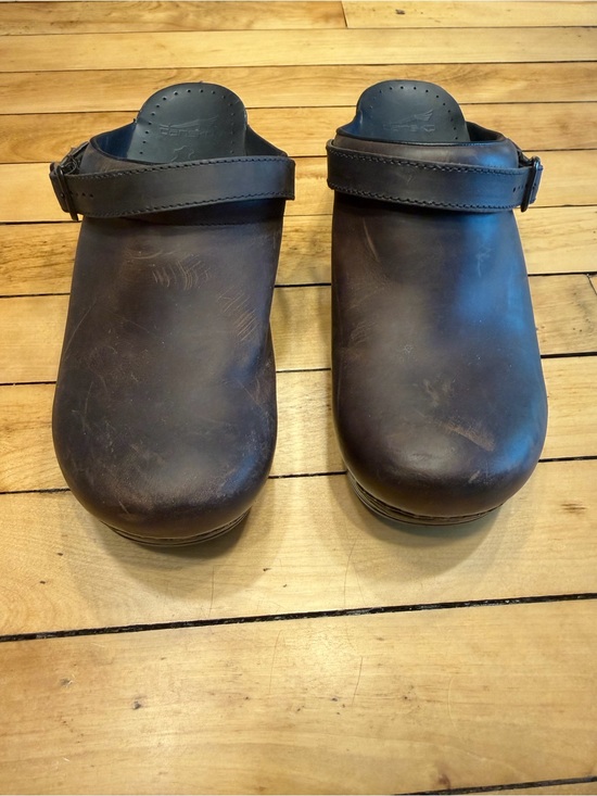 Dansko Shoes - Dansko Dark Brown Leather Slip-On Clogs with Adjustable Strap